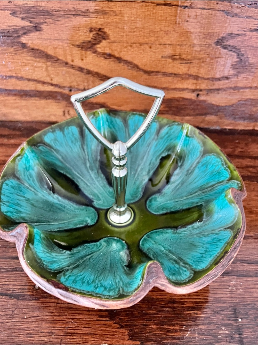 Vintage California Art Pottery Candy Nut Dish w/ Metal Handle Leaf Petal Bowl